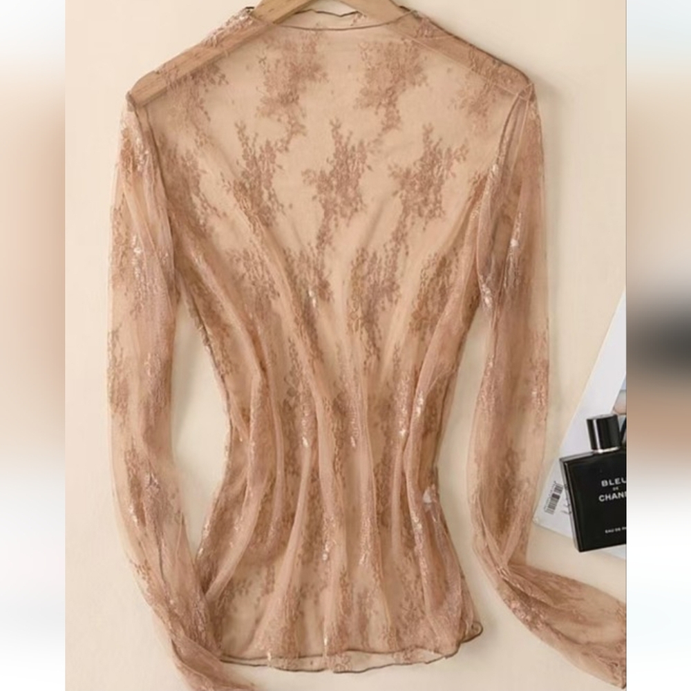 Sheer Lace Mesh Layering Top Coffee
